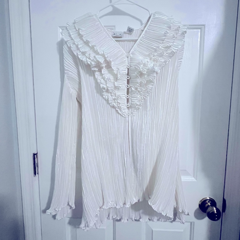 Vintage 80s formal white pleated ruffled long sleeve holiday blouse. - Picture 1 of 7